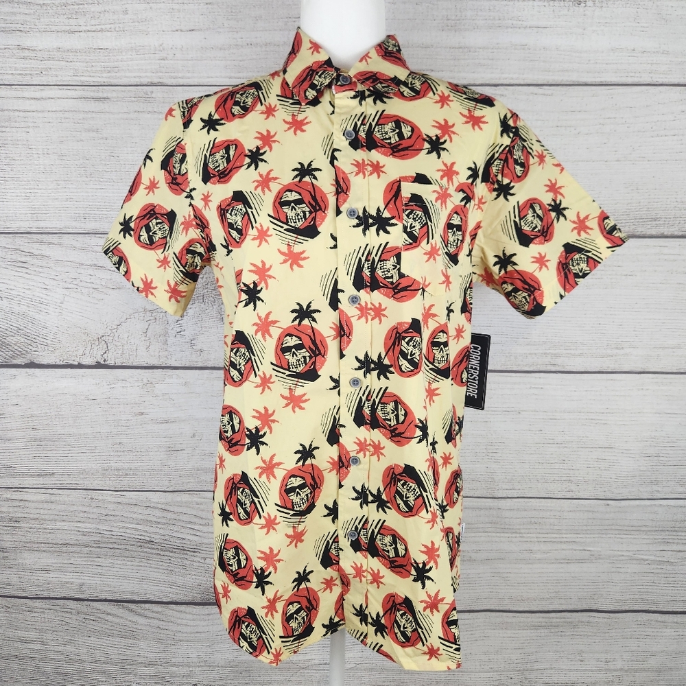 Cornerstore Bodega Men's Cream and Red Skull Print Shirt